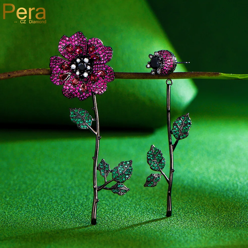 

Pera Mismatch Black Gold Plated Bilincolor Cubic Zirconia Two Wear Ways Long Vintage Red Flower Leaf Drop Earring for Women E779