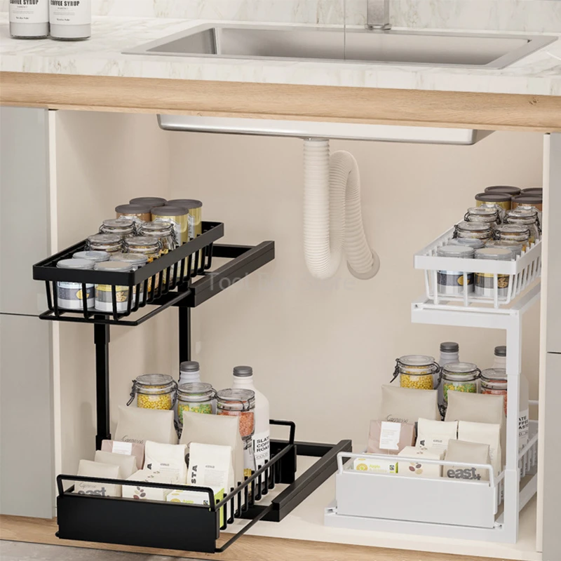 TISTAYA Organizer Estraibile Sotto Lavello In Metallo - 2 Livelli Regolabili Per Cucina E Bagno, Bianco - 2