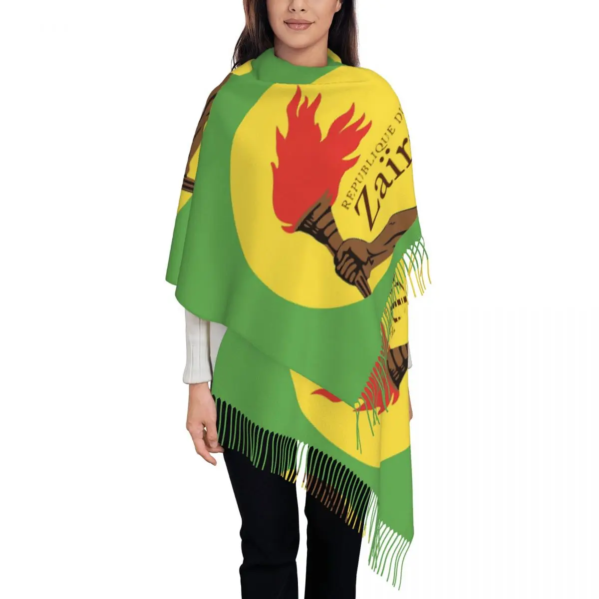 

Flag Of The Former Zaire Scarf for Womens Winter Shawls and Wrap Congo Flag Congolese Long Scarves with Tassel for Daily Wear