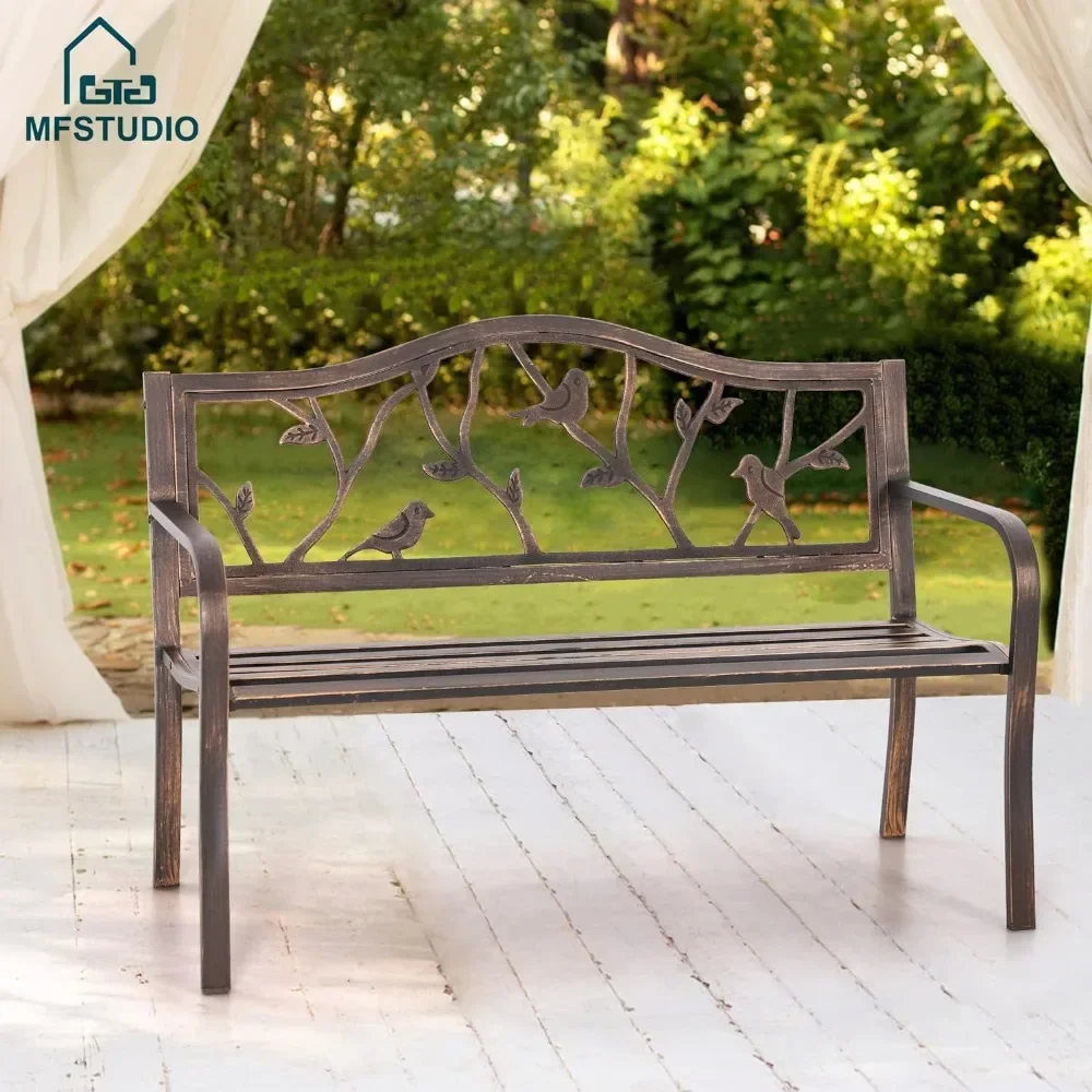 

50" Outdoor Garden Bench, Metal Frame Park Bench with Bird Pattern Backrest for Porch,Lawn,Deck Bronze Patio Benches