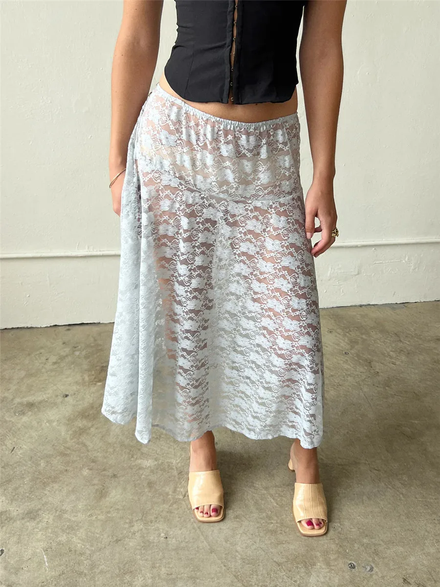 

Women Lace Floral Long Skirt Y2K Vintage Low Waisted Skirts Chic See-through Lace Flowy Slit Summer Skirt for Club Party Street