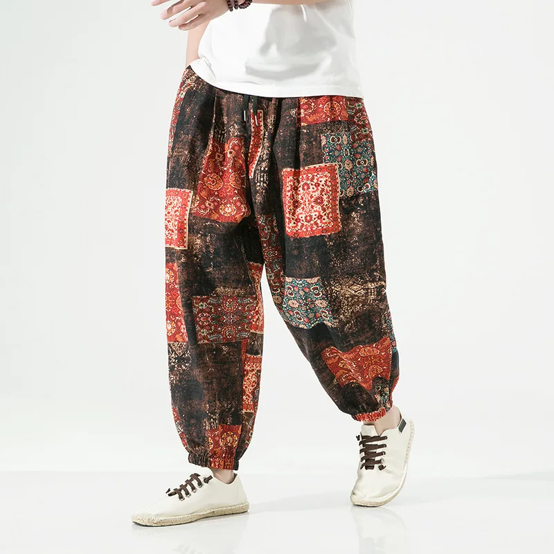 

Summer Men Thin Print Beach Pants Mens Casual Ankle-Lenght Harem Pantalon Turnip Trousers Male Ethnic Style Wide Leg Pants 2023