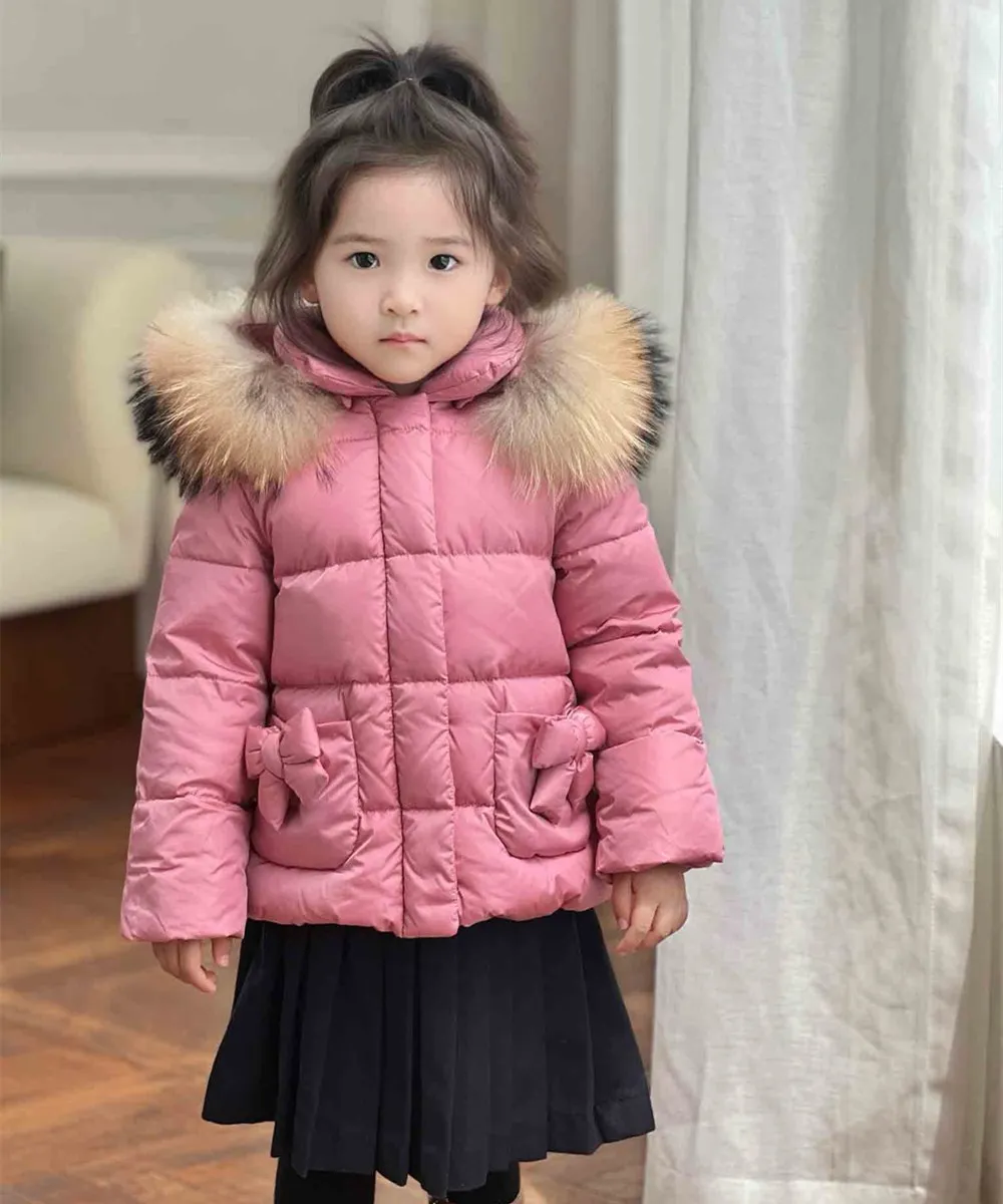 winter clothes kids coat Big fur collar girl's pink sweet down jacket Bow pocket warm down jacket