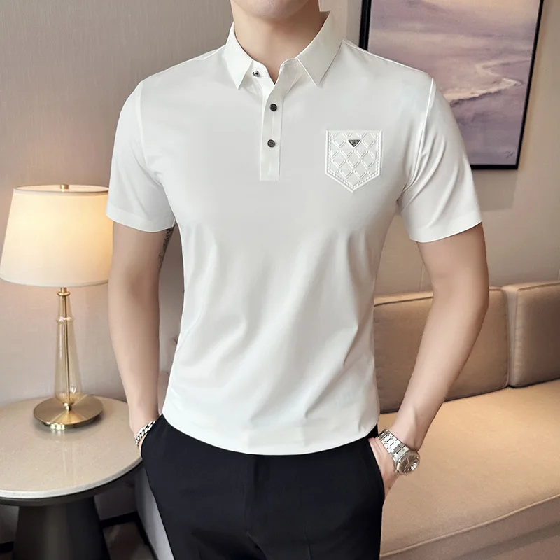 

Brand Summer Pocket Design Polo Shirts Men Highly Elastic and Traceless T-shirts Slim Fit Business Casual Tshirts Streetwear