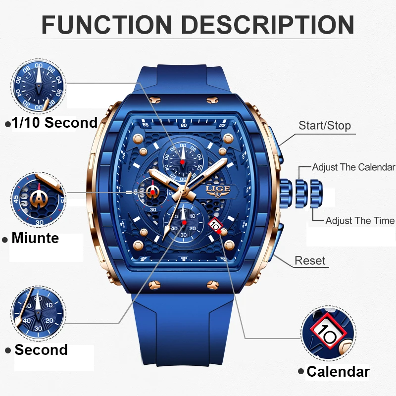 LIGE Fashion Mens Watches Top Brand Luxury Silicone Quartz Watch For Men Casual Military Sports Chronograph Relogios Masculino