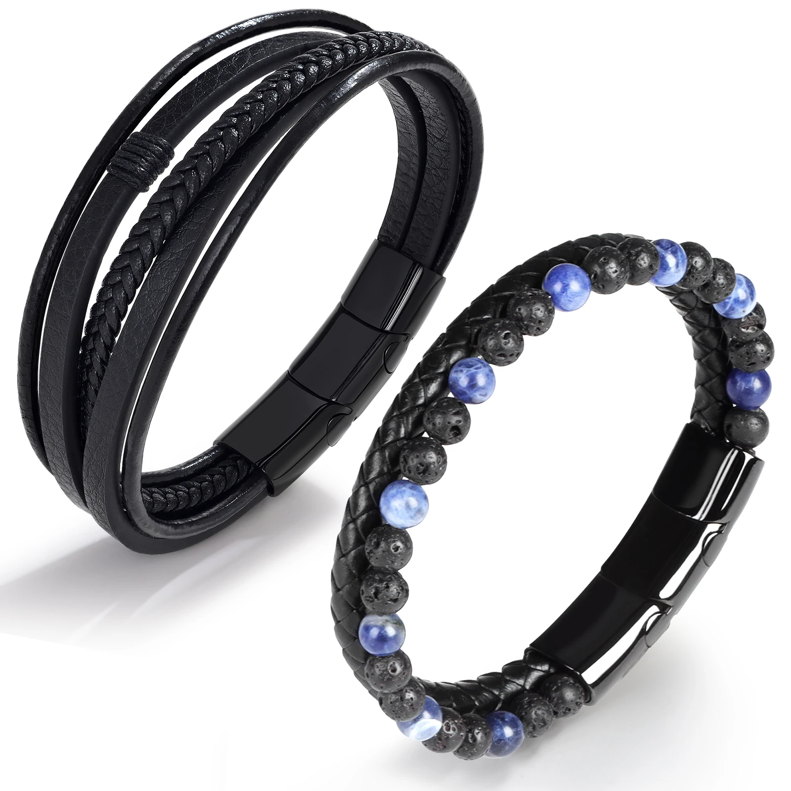 Mens Beads and cuff Bracelets Braided Leather bangles Bracelet with Stainless Steel Magnetic clasp for woman 2023 Gift