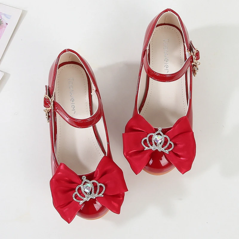 Children Girl Dance Dress Shoes Fashion Crown Bowknot Kids Leather Shoe Spring Wedding Princess High-heels Single Shoes