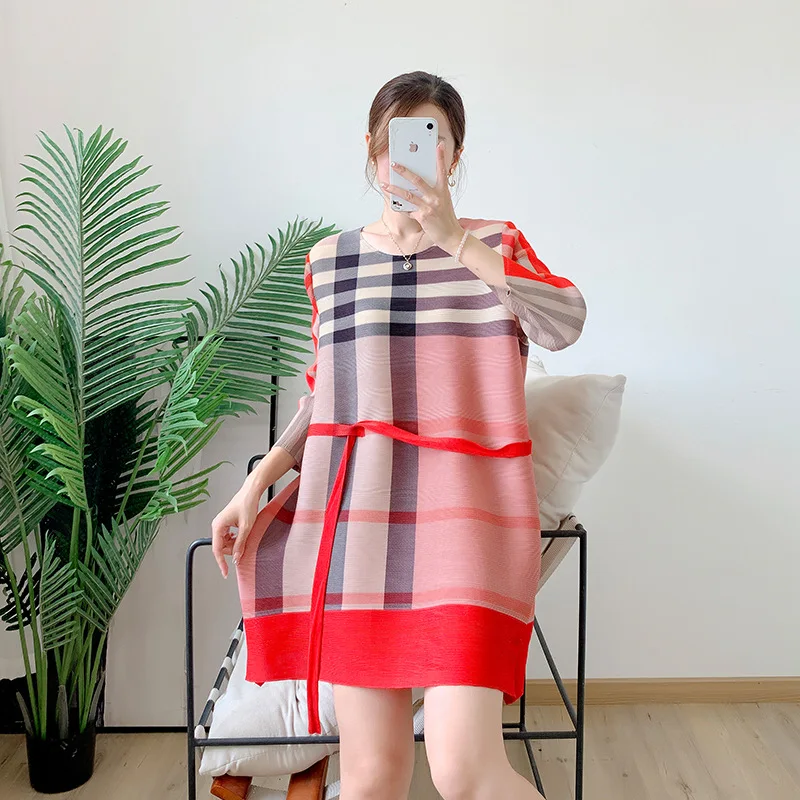 

Миаке-женское Плиссированное Платье с принтом и рукавом семь точек, с круглым вырезом, свободная, Элегантная короткая юбка, осень 2022