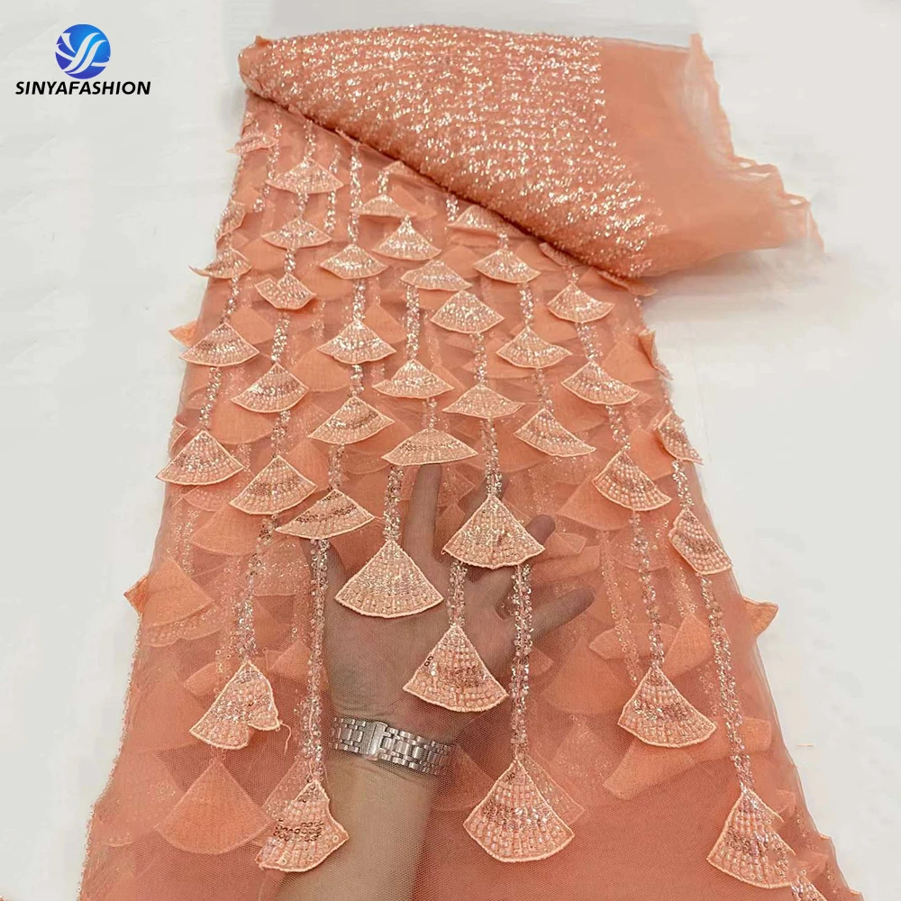 

Sinya Peach African Nigerian 3D Lace Fabric High Quality French Embroidery Tulle Beaded Luxury Wedding Bridal Groom Lace Fabric