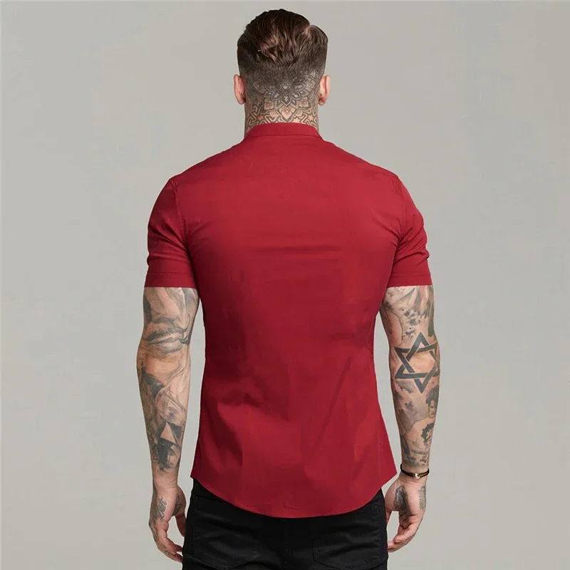 New Arrivals Summer Man Short Sleeve Shirt Solid Fitness Mens Stand Collar Super Slim Fit Business Dress Shirt Button Gym Tops 2