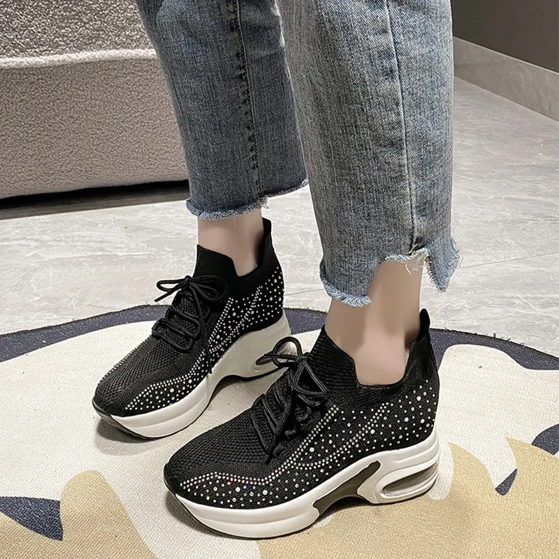 

Женские кроссовки на плоской платформе, сетчатые дышащие кроссовки с кристаллами, повседневная спортивная обувь для бега, лето 2024