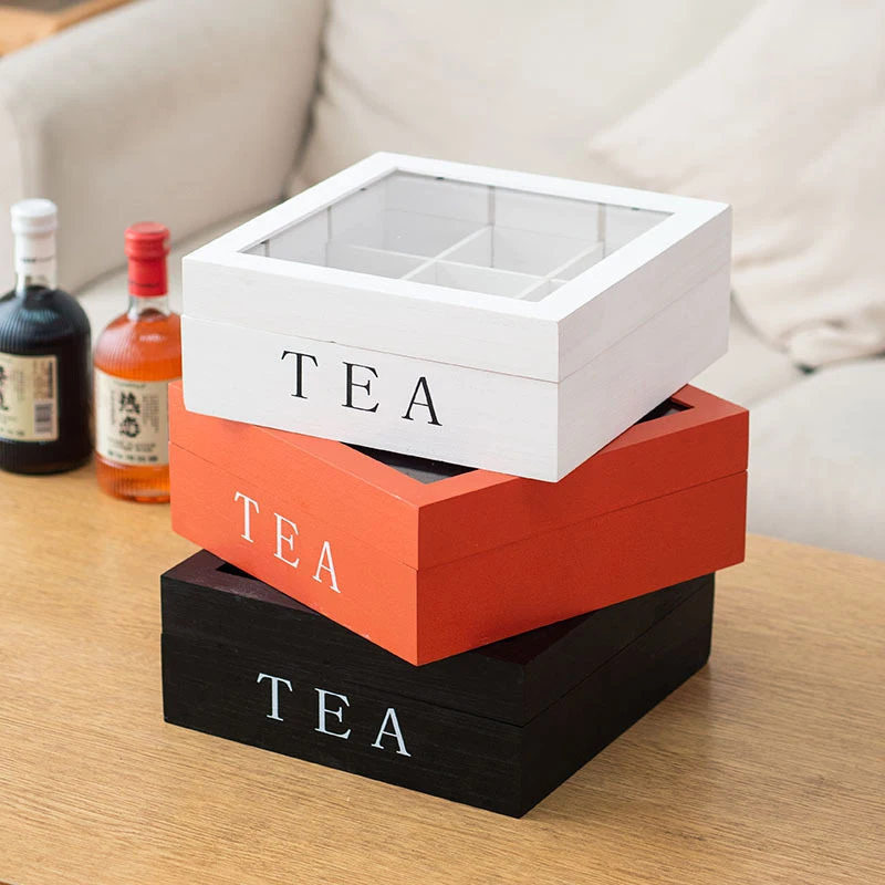 Wood Tea Bag Storage Box With Clear Lid 9 Compartments Square Container Desktop Jewelry Organizer Tea Box Case 2