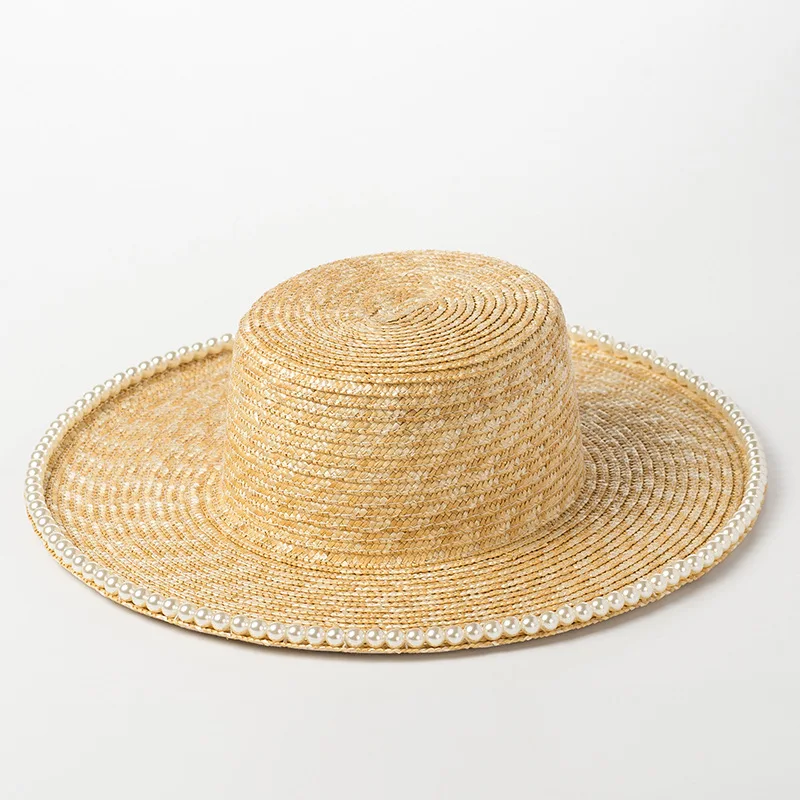 

X412 Fashion Pearl Chain Hat Brim Straw Flat Top Straw Hat Outdoor Tourism Sun Protection Beach Straw Hat Sun Beach Caps