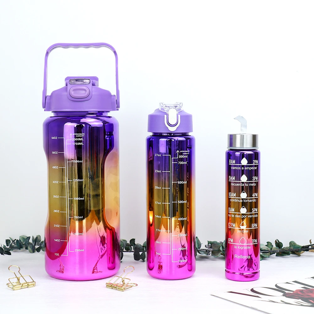 Set of 3 Leak-Proof Electroplated Gradient Water Bottles with Straws and Time Markers - Ideal