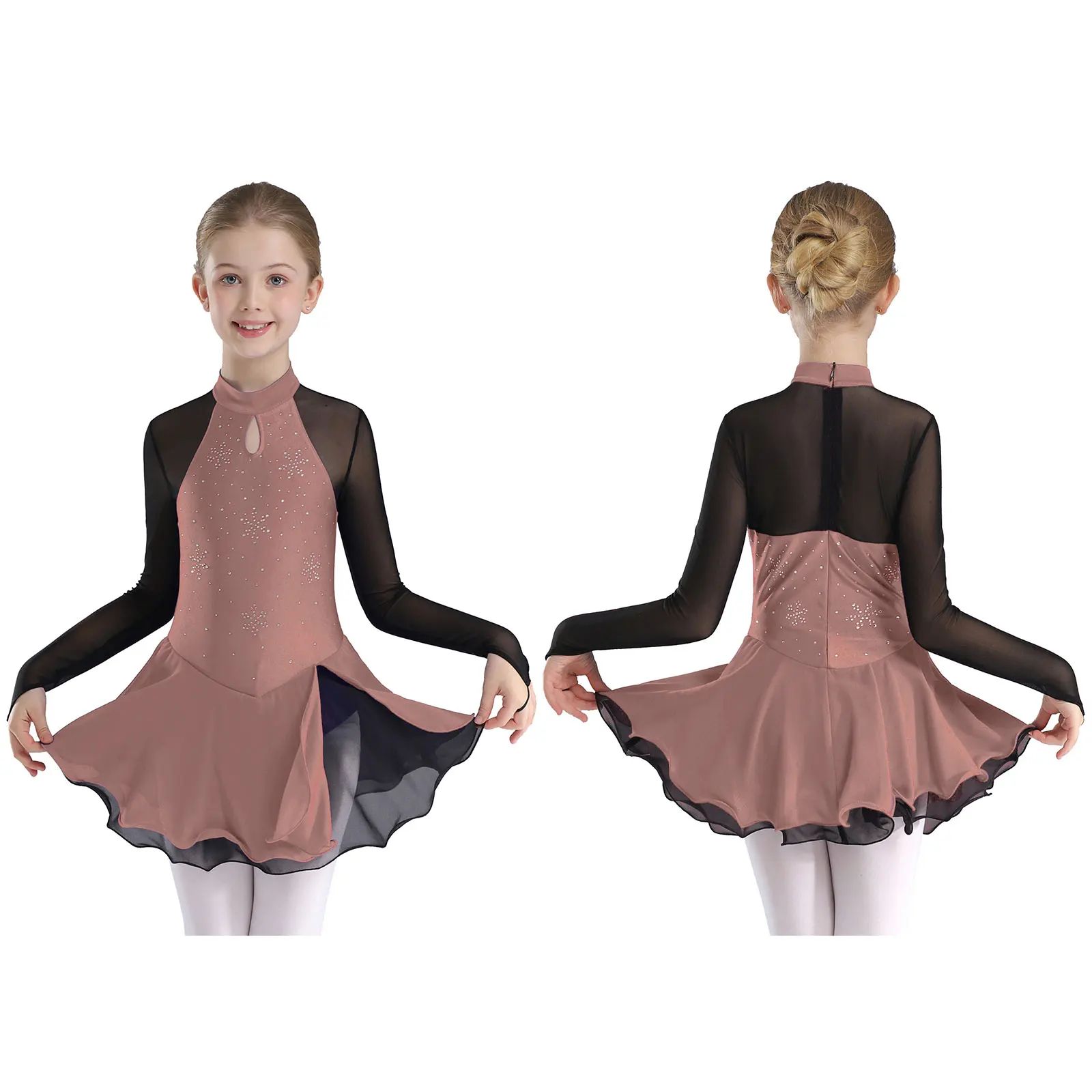 Niños Niñas gimnasia patinaje artístico Ballet traje de baile lírico malla transparente manga larga vestido brillante con diamantes de imitación Ropa de baile