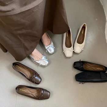 Designer Gold Silver Elegant Bowknot Round Toe Women's Flat Comfort Slip-On Ladies Ballerina Single Mules Shoes Zapatos Mujer 1