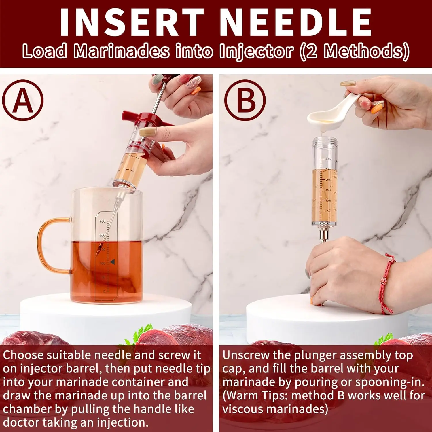 Turkey Meat Injector Syringe Kit with 3 Marinade Needles for BBQ Grill Smoker 1 Oz/30 ml Large Capacity Injector Marinades spice syringe set