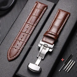 Premium Waterproof Cowhide Leather Watch Strap with Metal Butterfly Buckle - 17mm (BrownWhite - Silver)