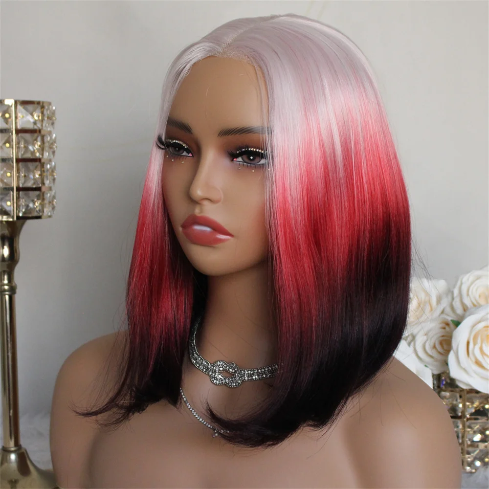 Ombre Pink Bob Wig Wear and Go Glueless Synthetic Lace Wig Pre Plucked Pre Cut for Beginner 14inch Ready to go Middle Part