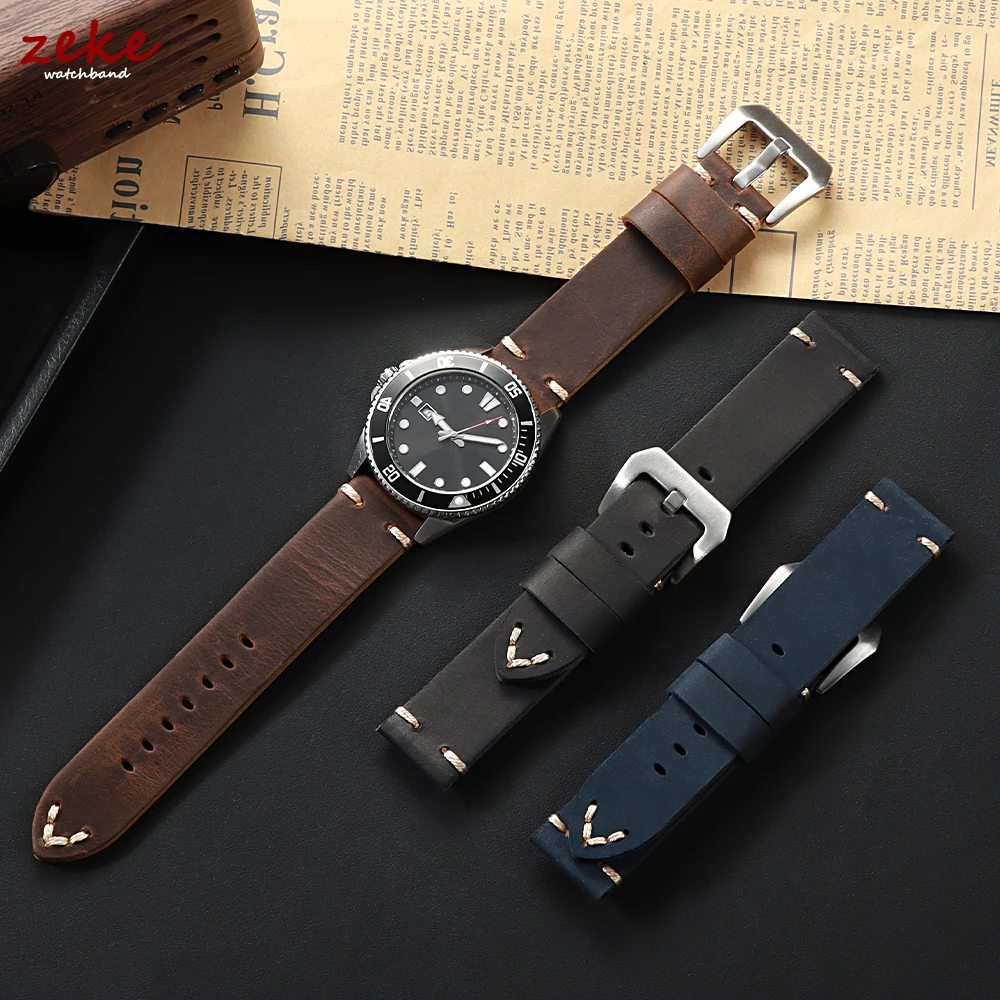 Vintage Genuine Leather Cowhide Watch Band - Soft Stitching Crazy Horse Calfskin Bracelet