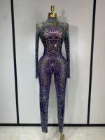 Women Sparkly Rhinestones Mesh Bodycon Jumpsuit Singer Stage Performance Dance Costume Nightclub Party Luxury Birthday Outfit