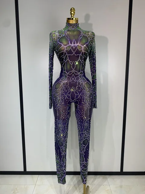 Women Sparkly Rhinestones Mesh Bodycon Jumpsuit Singer Stage Performance Dance Costume Nightclub Party Luxury Birthday Outfit