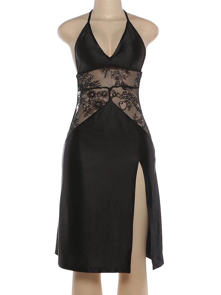 Nibber High Splits Mid Dress Woman Lace Patchwork Halter Low-Neck Sleeveless Backless Midnight Club Party Sexy Fashion Bodycon