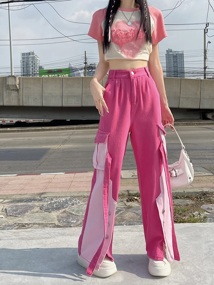 Pink Women Cargo Pants Loose Baggy Pants Korean Fashion High Waist