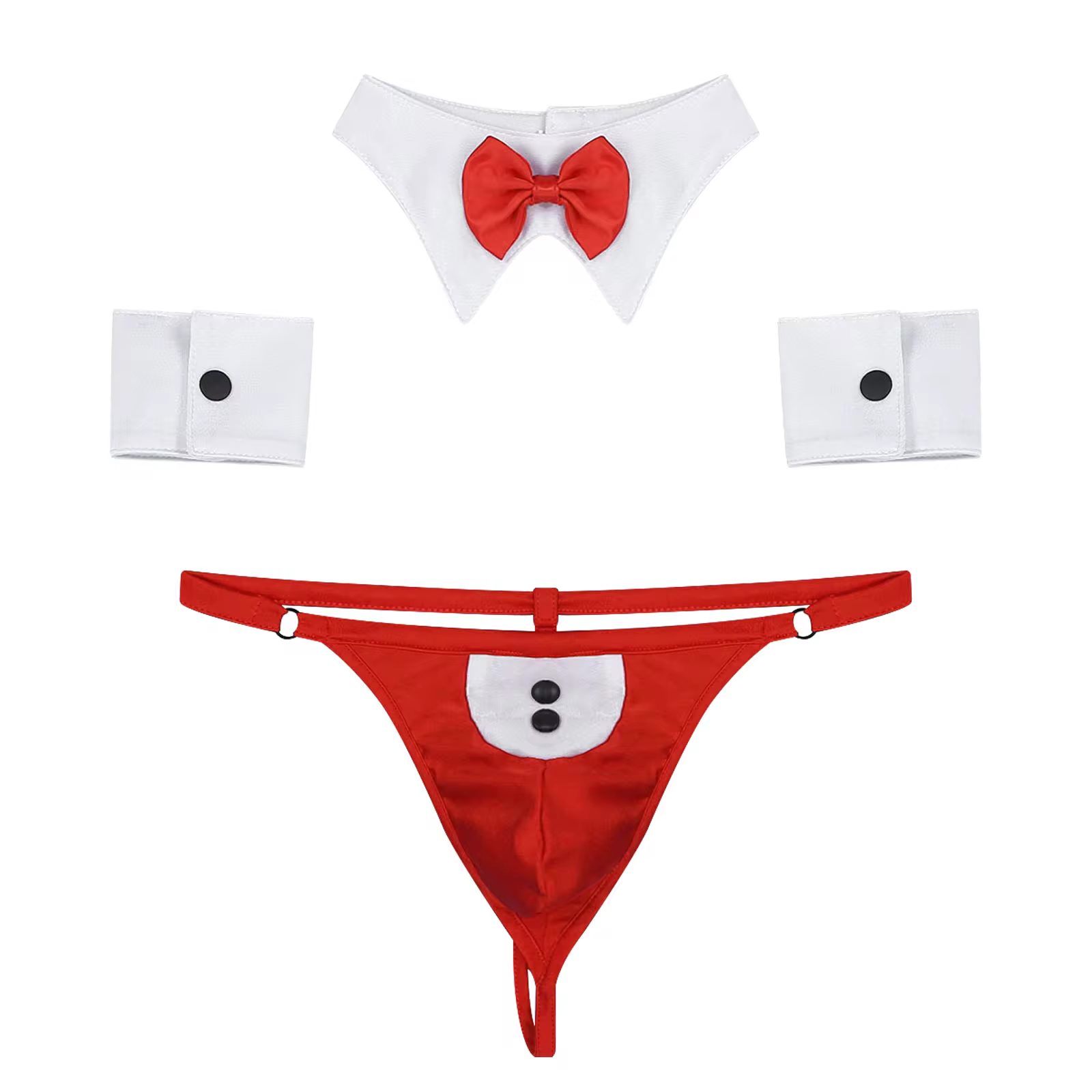 Mens Waiter Tuxedo Sexy Cosplay Outfit Lingerie Open Back Tuxedo G-string Thong Underwear with Bow Tie Collar And Bracelets 3Pcs men costume accessories,men lingerie set