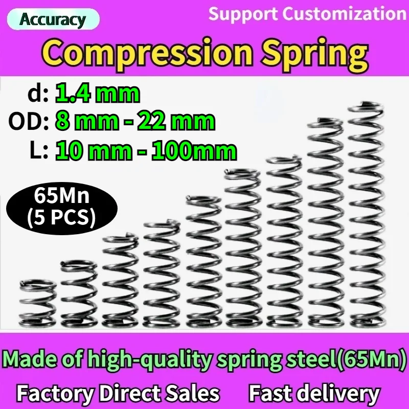 Bobina de compresión de resorte de acero, resorte de presión de liberación, retorno comprimido, 65Mn, diámetro de alambre de 1,4 Mm, 5 unidades