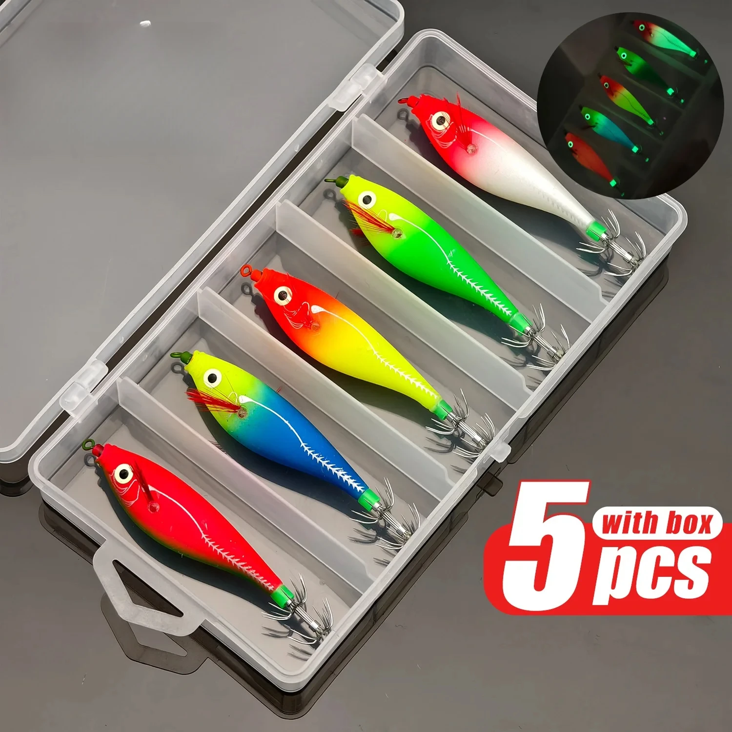 5 Stück Leuchtende Tintenfisch-Haken Horizontale Garnelen-Köder Harter Köder für Egi Tintenfisch-Jigs Oktopus-Angelausrüstung – Detail 2
