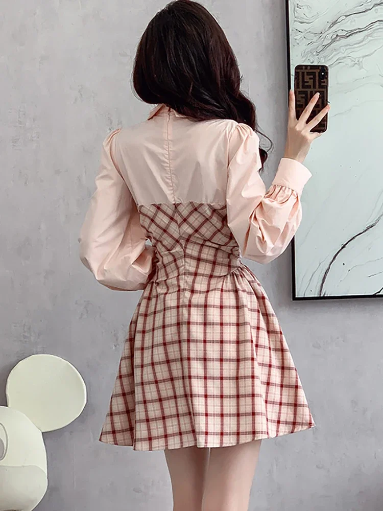 Women Pink Plaid Patchwork Polo Collar Shirt Dress 2026 Elegant Casual Fake  Two Piece Dress Autumn Winter Pleated Bodycon Dress - AliExpress 200000345