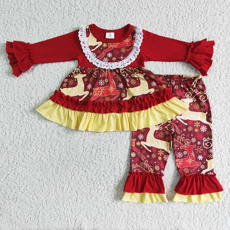 

Wholesale Baby Girl Christmas Reindeer Clothing Red Long Sleeve Ruffle Lace Top Deer Pants Set Infant Kid Snowflake New Clothes