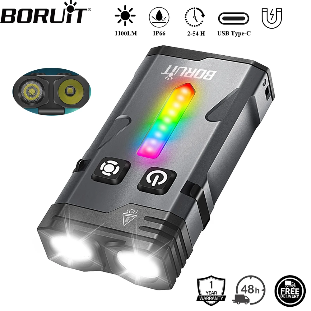 Lampe Torche LED BORUiT EV10 Rechargeable USB, 1100 Lumens, Aluminium, étanche IP66