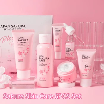 6 pz/set Sakura Set Per La Cura Della Pelle Crema Per Il Viso Siero Toner Detergente Per Il Viso Crema Solare Per Gli Occhi Viso Set Per La Cura Della Pelle Prodotto confezione regalo 1