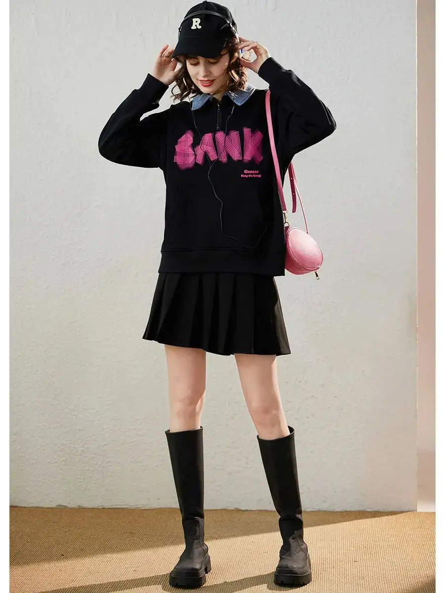 LOUIS YAO Women's Sweater 2023 Winter Plush and Thickened Sweater Spliced Denim Lapel Half Zipper Letter Printed Women's Top