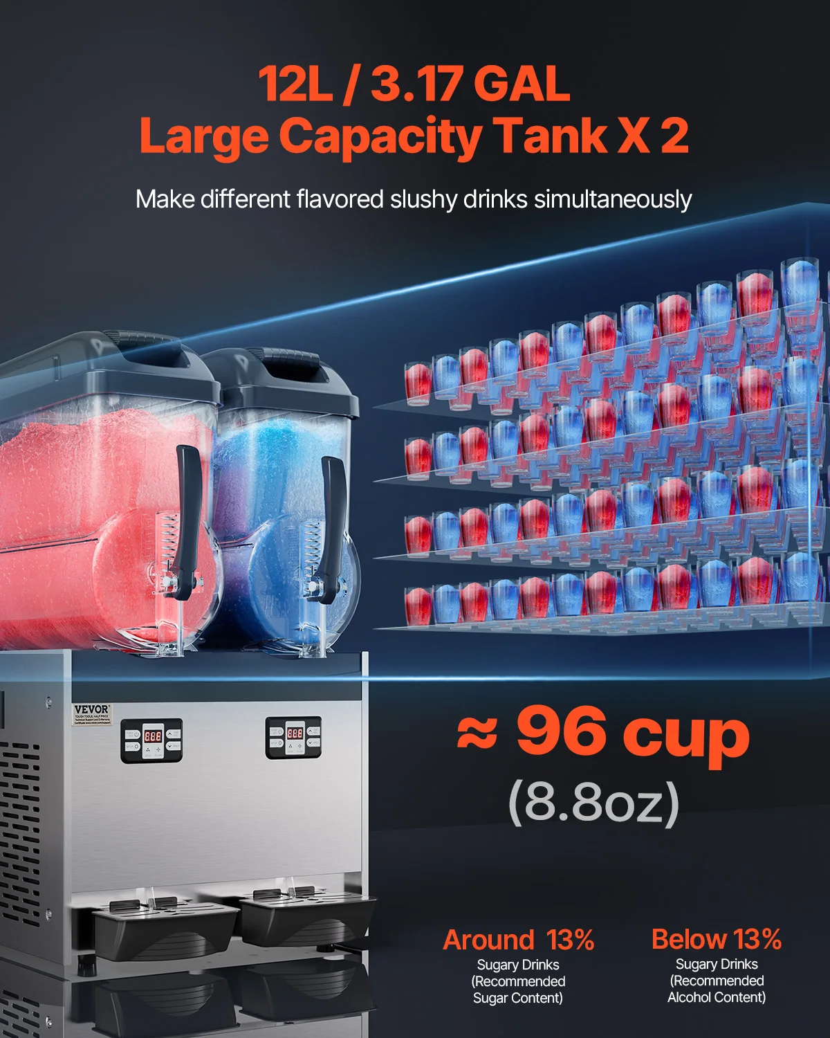 VEVOR Commercial Slushy Machine, 12Lx2 Double Tank Frozen Drink Machine, Stainless Steel Margarita Smoothie Frozen Drink Maker 2