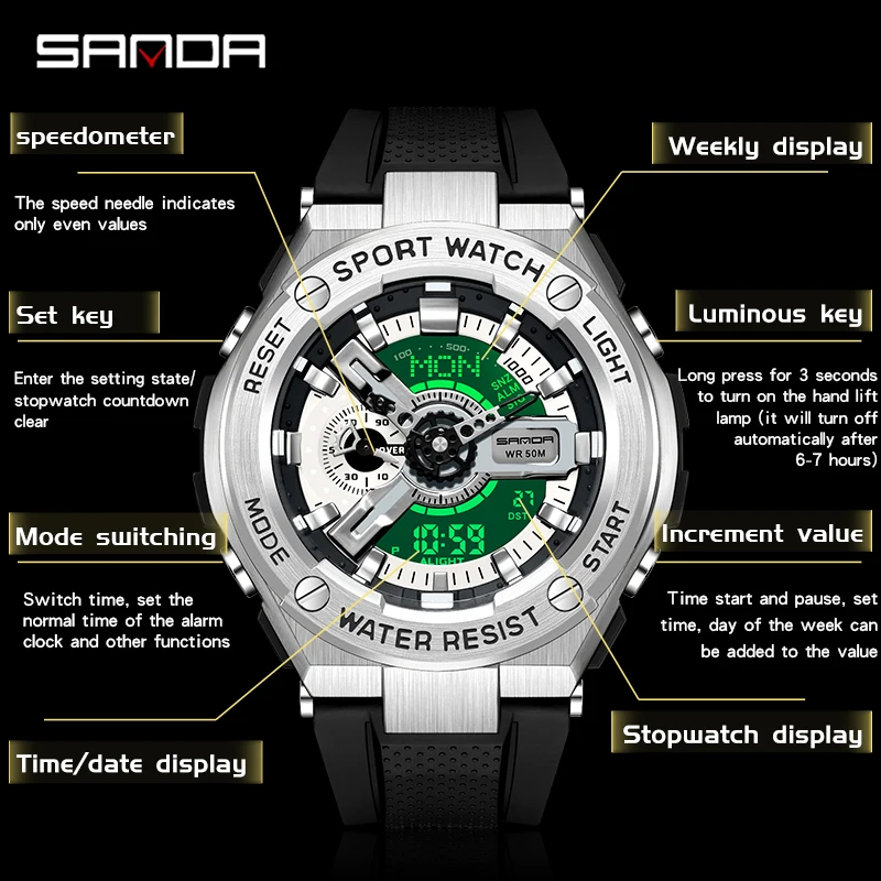 New Handlift Light Multi functional Sports Waterproof and Shockproof Alarm Clock SANDA 3170 Men's Watch Digital Wristwatches