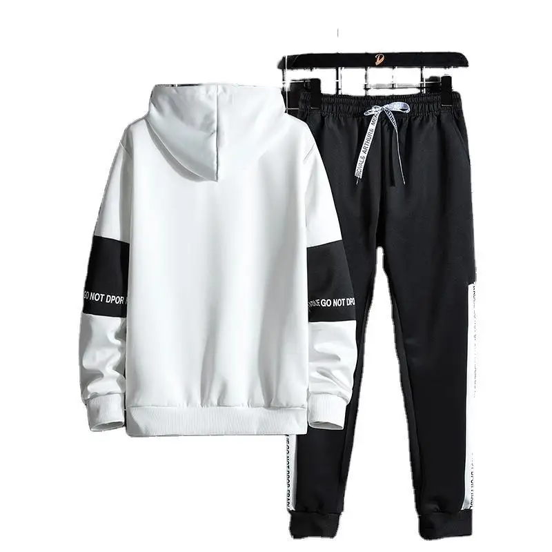Autumn Winter New Loose Casual Printed Hoodies Pants Set Men Add Velvet Patchwork Fashion All-match Hooded Top Sweatpants Suit