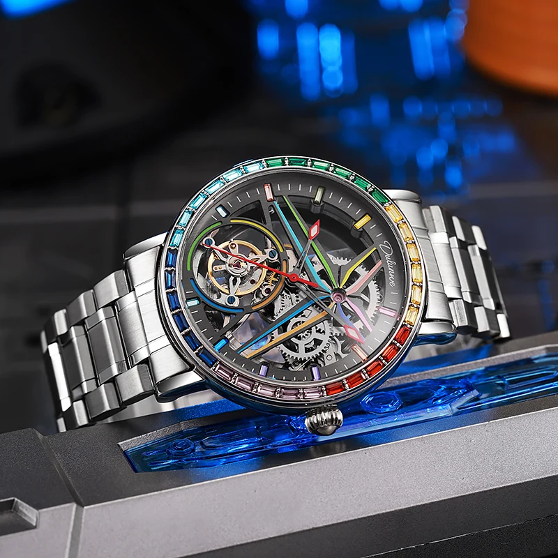 Mechanical Watch Rainbow Colored Gemstone Tourbillon Fashion Skeleton Watch Men Waterproof 30M Sports Watches Luxury Automatic Mechanical Clock