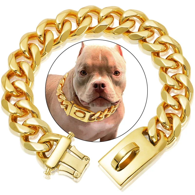 

Luxury Buckle, 304 Cuban Gold Collar, Walking With Heavy Pets Metal Collar Choker Steel Dog Duty Solid Stainless Chain,