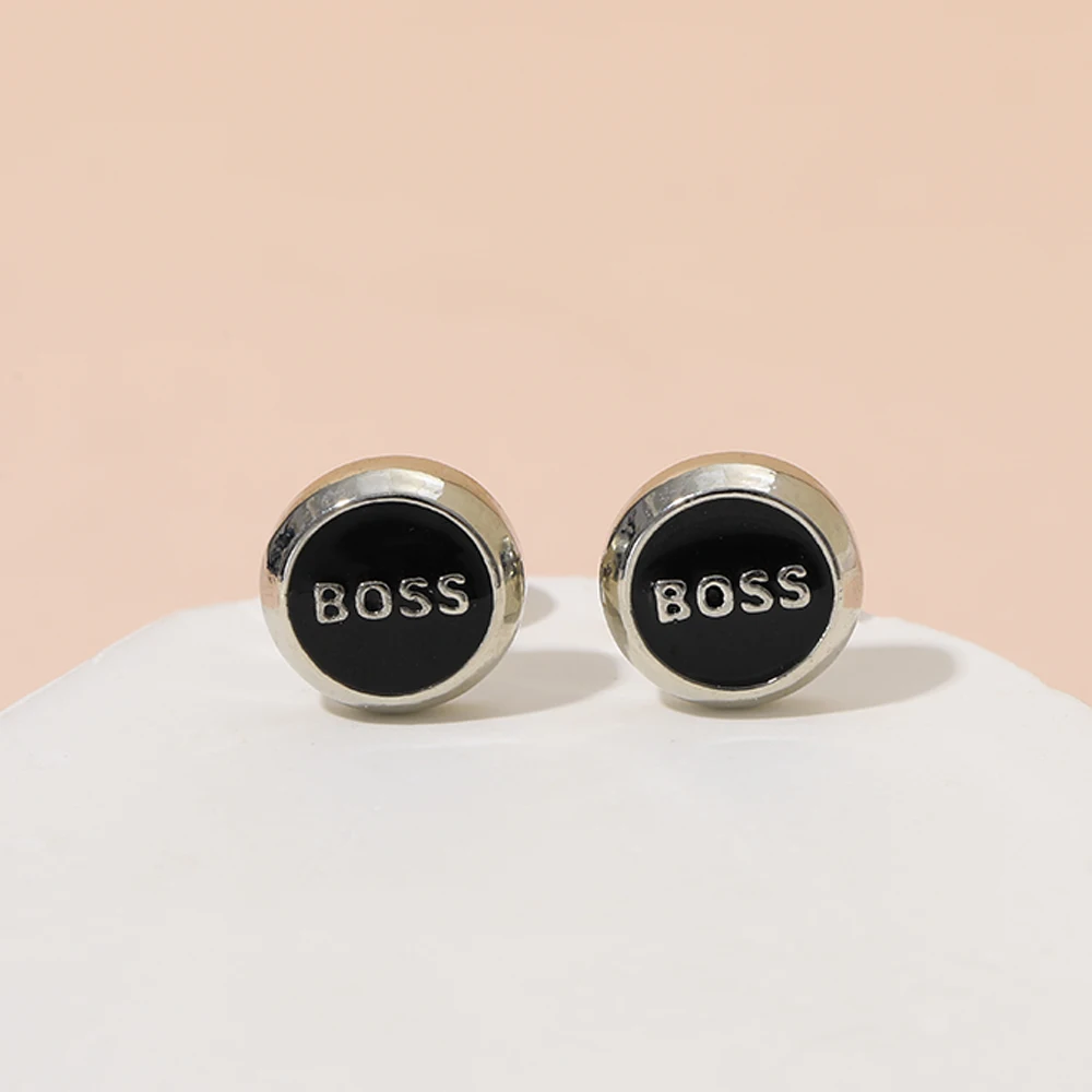 Mens Cufflinks Black Letter Boss Cuff Links Silver Tone for Suit Tuxedo Shirts Business Formal Sleeve Button Jewelry Gift