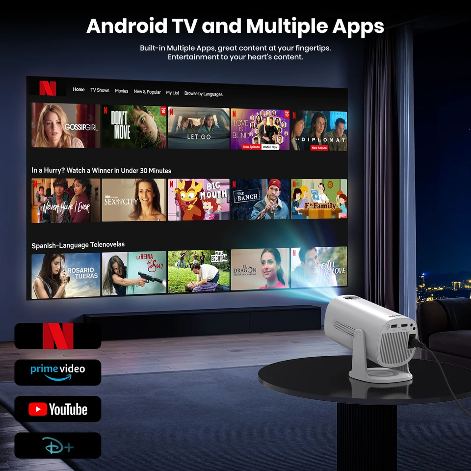 Built-in-Apps] 4K Short Throw Smart Mini Projector with WiFi 6 and Bluetooth, Auto Keystone Outdoor Movie Projector, Big Screen Home Portable Projector for Phone/Laptop/HDMI (APP Version
