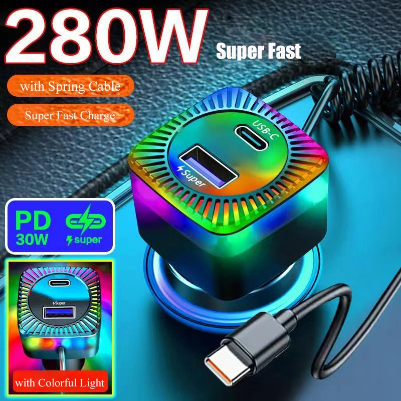용수철 케이블이 달린 USB C 차량용 충전기 어댑터, 다채로운 빛 PD 30W..