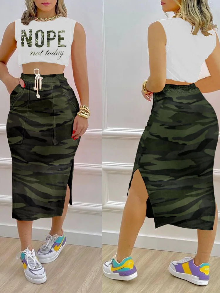 

Summer Sleeveless Tank Women Set Casual O Neck Vest Tops And Lace-Up Skinny Print Slit Skirt Outfits Lady Fashion Two Piece Suit