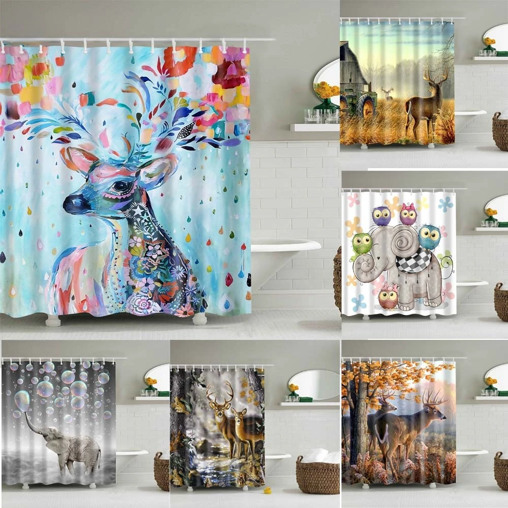 Deer In Forest Waterproof Polyester Fabric Shower Curtain Set 71Inch Long 