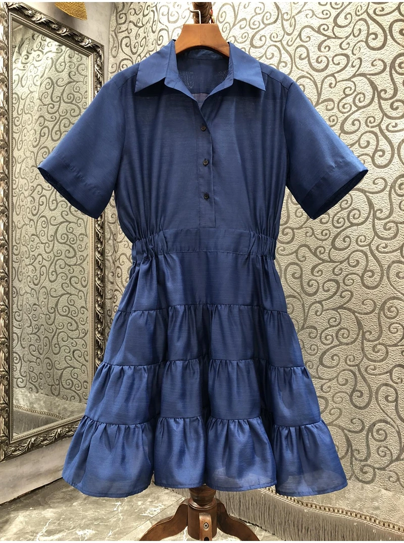 

Женское мини-платье с отложным воротником, темно-синее приталенное ТРАПЕЦИЕВИДНОЕ ПЛАТЬЕ С Коротким Рукавом и поясом на резинке, Новинка лета 2023