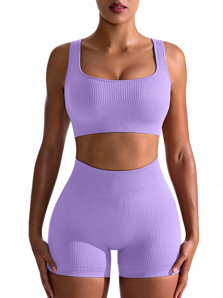 thumbnail image 1 of Conjuntos de Yoga acanalados sin costuras para mujer, Top deportivo con sujetador, pantalones cortos de realce de cadera, conjuntos de moda para entrenamiento, ropa deportiva para gimnasio y Fitness,, 1 of 5