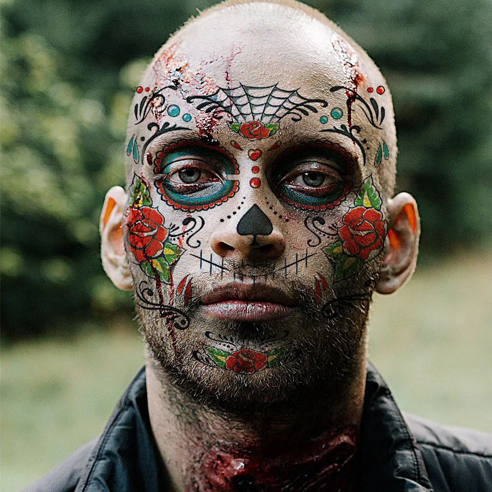 Waterproof Day of The Dead Face Dress Up Halloween Temporary Tattoo Stickers 3