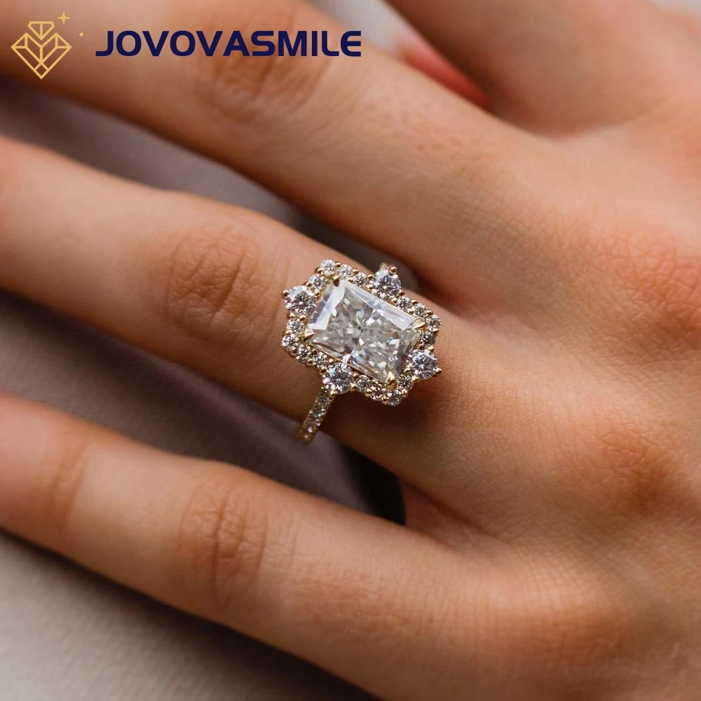 

JOVOVASMILE 3.5 Carat Center 7x10mm Radiant Cut Moissanit 9K 14K 18k Yellow Solid Gold Wedding Ring for Women Jewelry